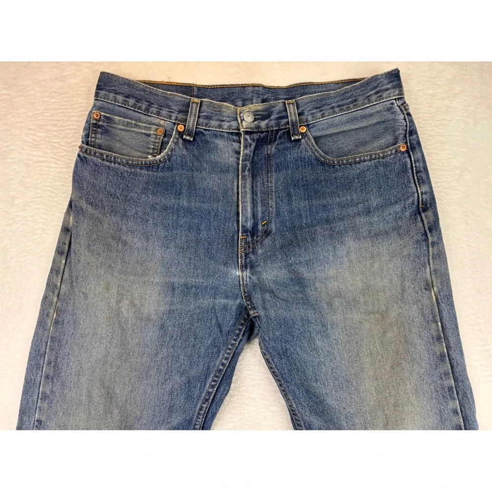 Levis 505 Mens 34x36 Jeans Grungy Medium Blue Washed Denim Distressed True Fade